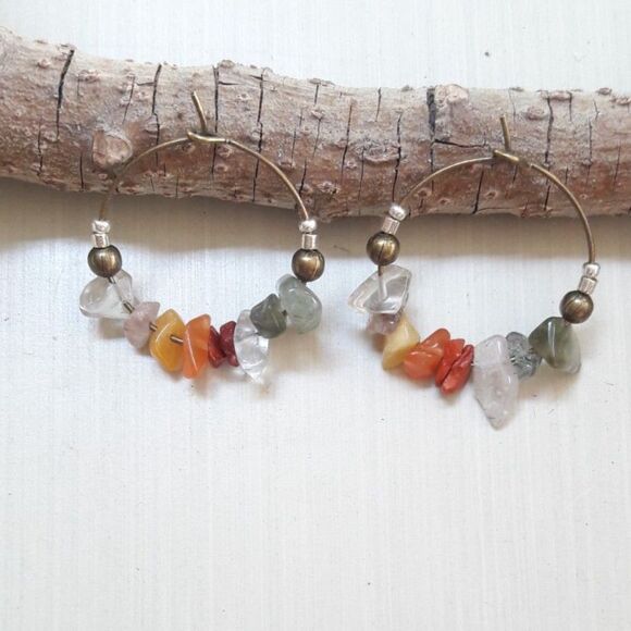 boho earrings 374#mfs Agate gemstone hoop earrings and Quartz gemstone chip mix - Picture 1 of 5